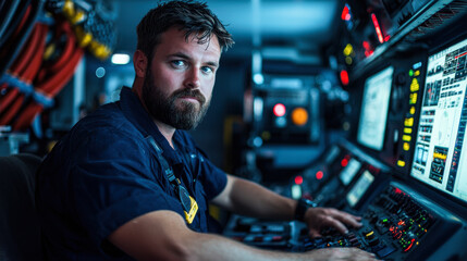 focused technician operates advanced controls in offshore control room, showcasing expertise and concentration in high tech environment