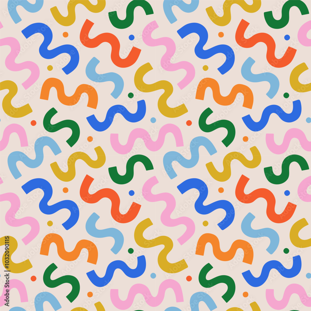Poster Fun colorful line doodle seamless pattern. Creative abstract style art background for children or trendy design with basic shapes. Simple childish scribble backdrop.