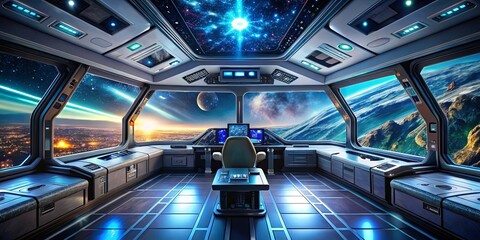 A futuristic spaceship bridge with a panoramic view of a glowing nebula, a distant planet, and a city on a distant world