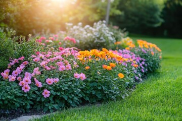 Obraz premium A colorful flower bed surrounded by lush green grass, perfect for decoration or inspiration