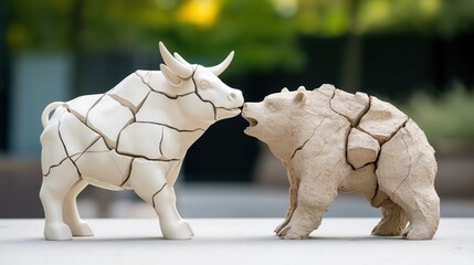 Two weathered cracked clay sculptural figures evoking a drought stricken arid landscape  The minimalist abstract forms create a display of the harsh effects of climate and environment