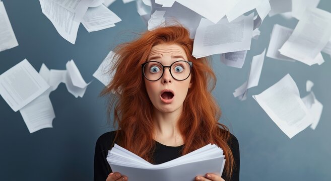 Surprised Redhead Woman Wearing Glasses Surrounded by Scattered Papers and Documents in a Chaotic Office or Study Environment Depicting Stress Overwhelm and Deadline Pressure