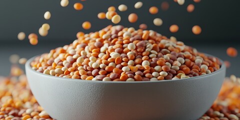Colorful bowl of lentils with grains cascading, perfect for showcasing healthy eating and vibrant cooking ingredients.