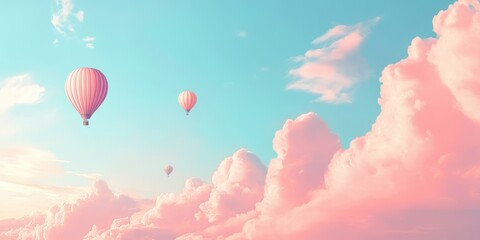 Obraz premium Colorful hot air balloons drift peacefully among soft pastel clouds in a serene sky, evoking feelings of freedom and adventure.