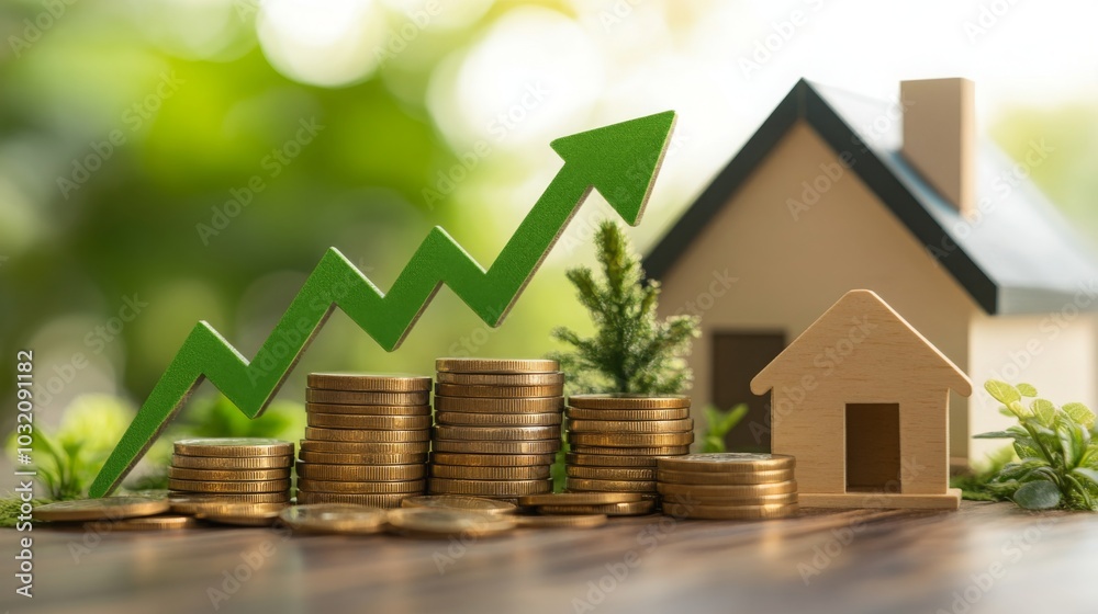 Poster a stack of coins grows taller beside a small wooden house, with a green upward arrow symbolizing ris