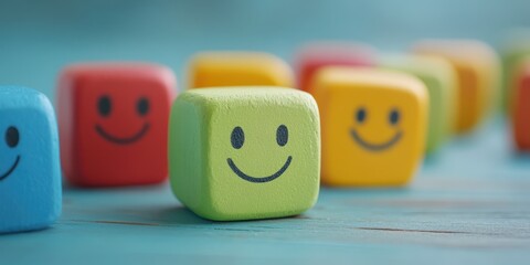 Naklejka premium Colorful wooden blocks with smiley faces, perfect for children's play and educational activities, promoting joy and creativity.