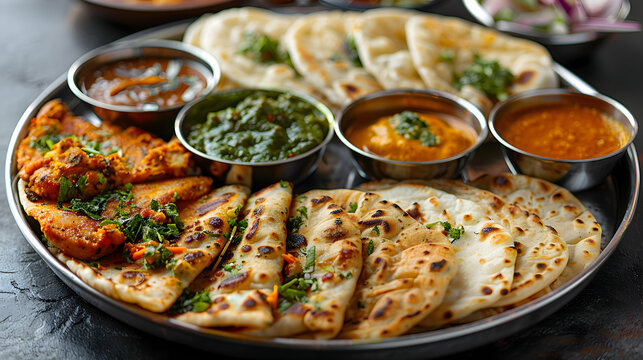 A platter of assorted parathas with various chutneys and sides