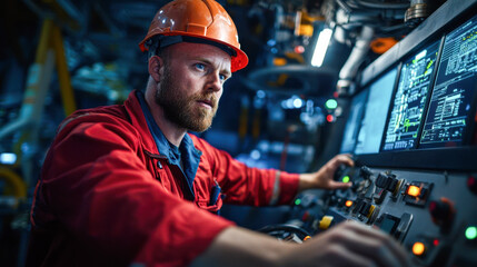 Experienced technician operating machinery in offshore control room, focused on monitoring systems and ensuring safety. environment is high tech and industrial, reflecting complexity of offshore