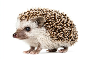 Obraz premium A small hedgehog stands on a white surface, its tiny paws and snout visible