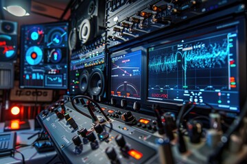 A control room with multiple monitors and a keyboard