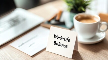 A desk with a work-life balance note, coffee, and plant, symbolizing harmony between professional and personal life in a modern office.