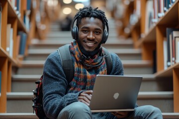 Happy black student guy holding copybook and using laptop in university library, smiling at camera, joyful moment encapsulating the blend of traditional and digital, Generative AI