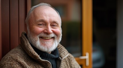 Portrait of an elderly man with a long white beard and wearing a brown jacket