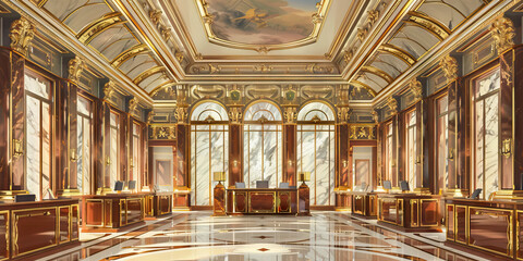 Naklejka premium The glamorous art deco details of an old-world European bank, with its gleaming brass fixtures, ornate ceilings, and luxurious marble surfaces.