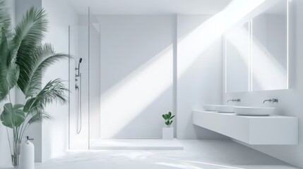 A plant sits in the corner of a clean and modern white bathroom