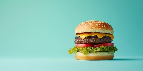 Delicious cheeseburger with fresh lettuce, tomato, and sesame seed bun, perfect for food photography and menu design.