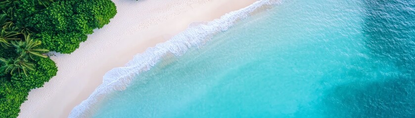 Aerial view of a serene tropical beach with turquoise water and lush green foliage, perfect for a peaceful getaway or nature-inspired relaxation.