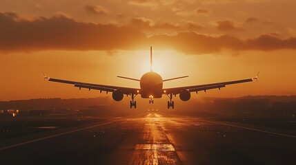 An airplane is landing on a runway at sunset.