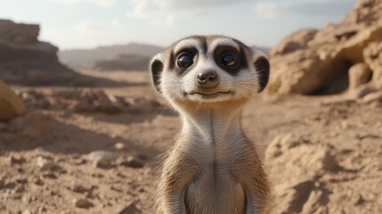 A curious meerkat looks directly at the camera with a playful expression, standing in a desert environment.