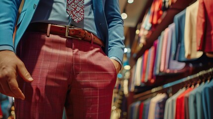 Obraz premium A Man Wearing a Blue Blazer and Red Plaid Pants in a Clothing Store