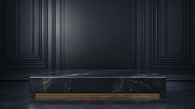 Black tabletop on classic wall panels background for product presentation. Empty marble dark countertop for luxury cosmetics advertisement design