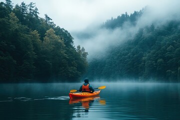 Kayaker paddles through a misty lake. Perfect for designs about tranquility, nature, and adventure.