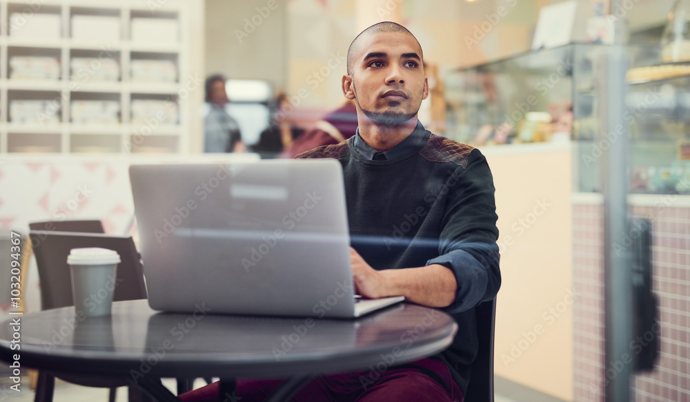 Sticker Small business, man and thinking on laptop at cafe as store manager on internet or website for online orders. Male person, entrepreneur and serious at coffee shop with email, schedule and timesheet