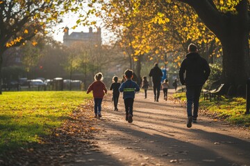 Fototapeta premium Children run joyfully in a sunny park. The scene captures the warmth of autumn. Families enjoy a peaceful day outside. This image reflects fun and nature. Generative AI