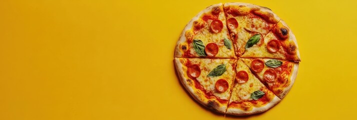 Delicious pepperoni pizza slices on a vibrant yellow background, perfect for food lovers and culinary projects.