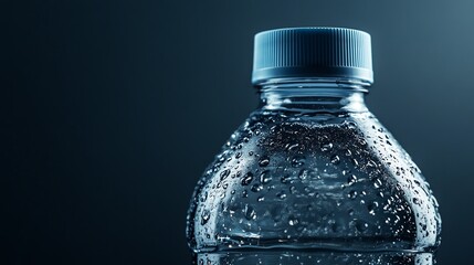 Close up of a plastic water bottle covered in condensation.
