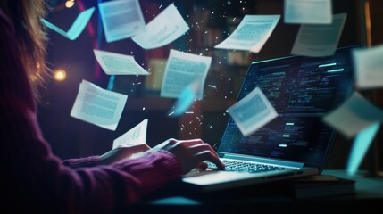 Woman Coding with Flying Papers