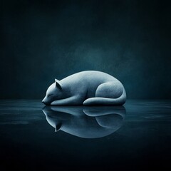 Sleeping Cat Sculpture Reflection Dark Background Minimalist