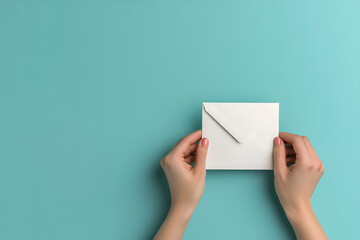 Obraz premium Minimalistic background with a woman's hands holding an envelope on a turquoise blue color, Generative AI