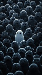 Obraz premium Cheerful ghost among gloomy spirits in a dark gathering