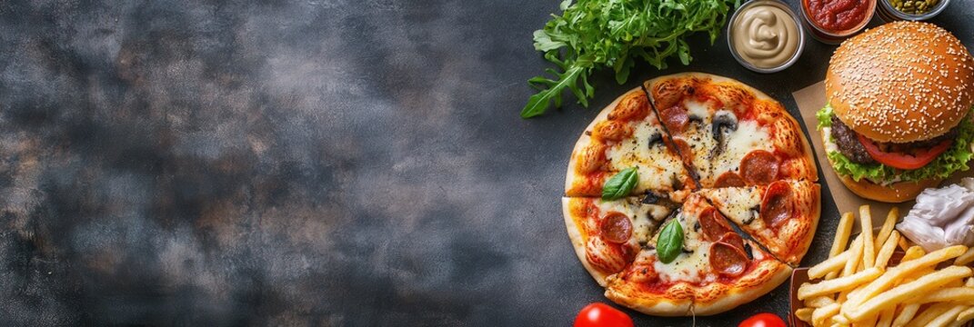 Delicious pizza with toppings, burger, fries, and fresh greens beautifully presented on a rustic background.