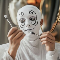 Mime artist applying makeup with intricate face design in front of mirror