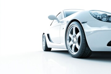 A close-up view of a white sports car on a white surface