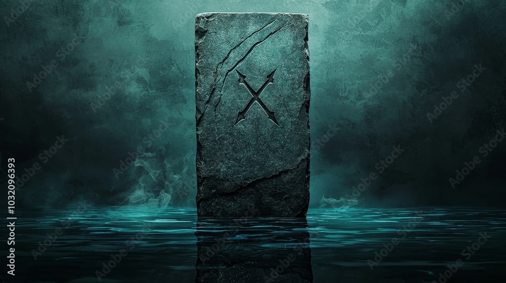 Wall mural mysterious stone standing in water with carved symbol