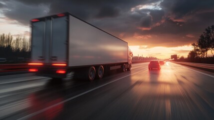 Truck Driving On Highway At Sunset