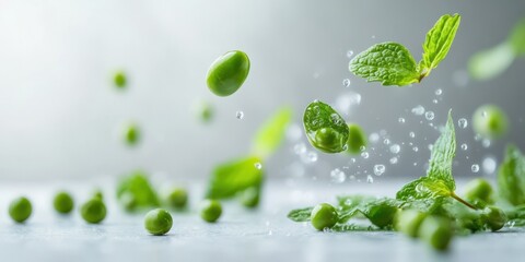 Fresh green peas and mint leaves splashing in water, capturing a vibrant and refreshing essence of healthy ingredients.