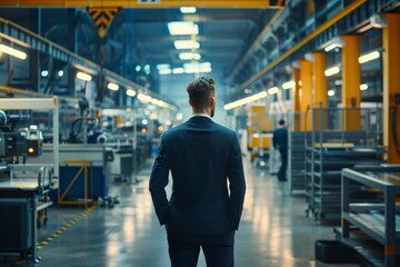 A businessman is visiting a manufacturing plant to oversee the prototype production of a new product