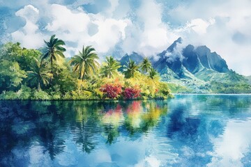Watercolor illustration of a vibrant tropical paradise in tahiti, located in french polynesia