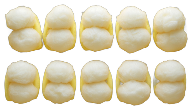 A symmetrical arrangement of fluffy white objects