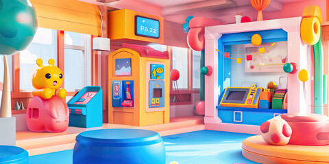 A playful children's bank, with interactive games, educational toys, and colorful decor, making banking fun and engaging for young minds.