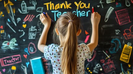 Student seen from the back drawing Thank You Teacher with colorful doodles of books pencils and school icons on a black chalkboard World Teachers Day concept in a creative classroom setting