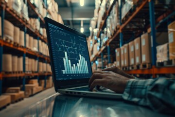 Person from side in warehouse working on laptop with charts and data on screen