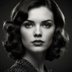 Fototapeta premium Retro brunette woman serious, black and white.