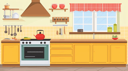 Cozy home kitchen interior with island and cooking cabinet, window. Empty wall