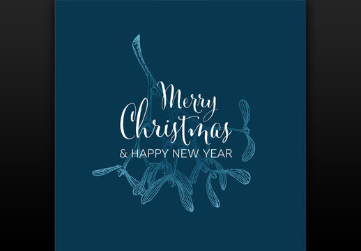 Handdrawn Merry Christmas blue card with mistletoe