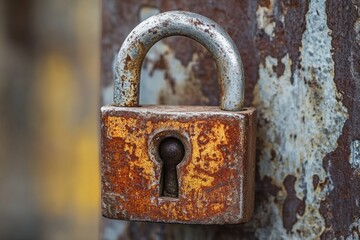 A rusted padlock secures a rusty metal door, with no signs of movement or life nearby